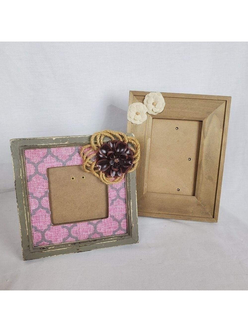 Lot of 2 floral decor wood BoHo photo frames rustic Natural Whimsicle